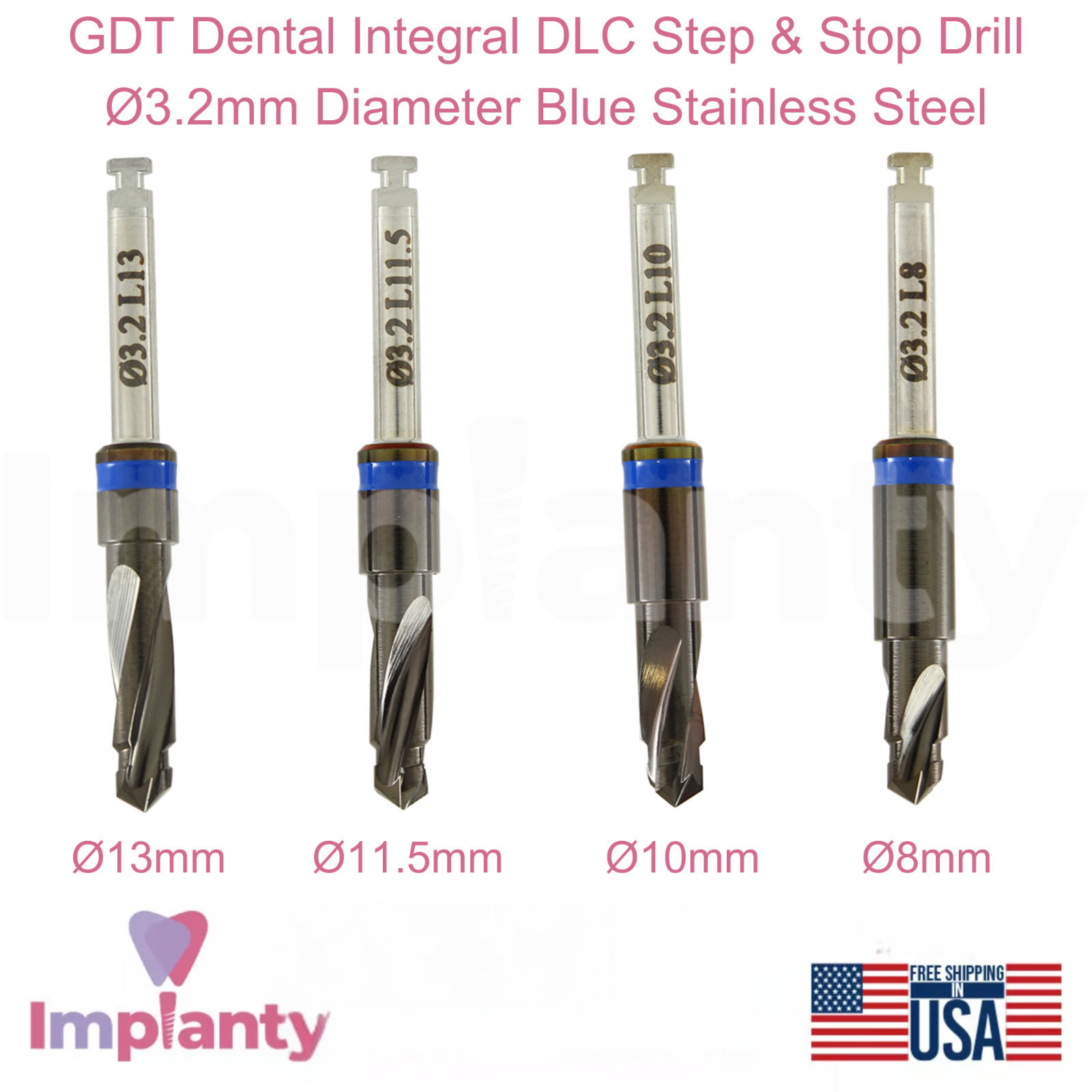 GDT Dental Integral DLC Step & Stop Drill Ø3.2mm Diameter Blue Stainless Steel