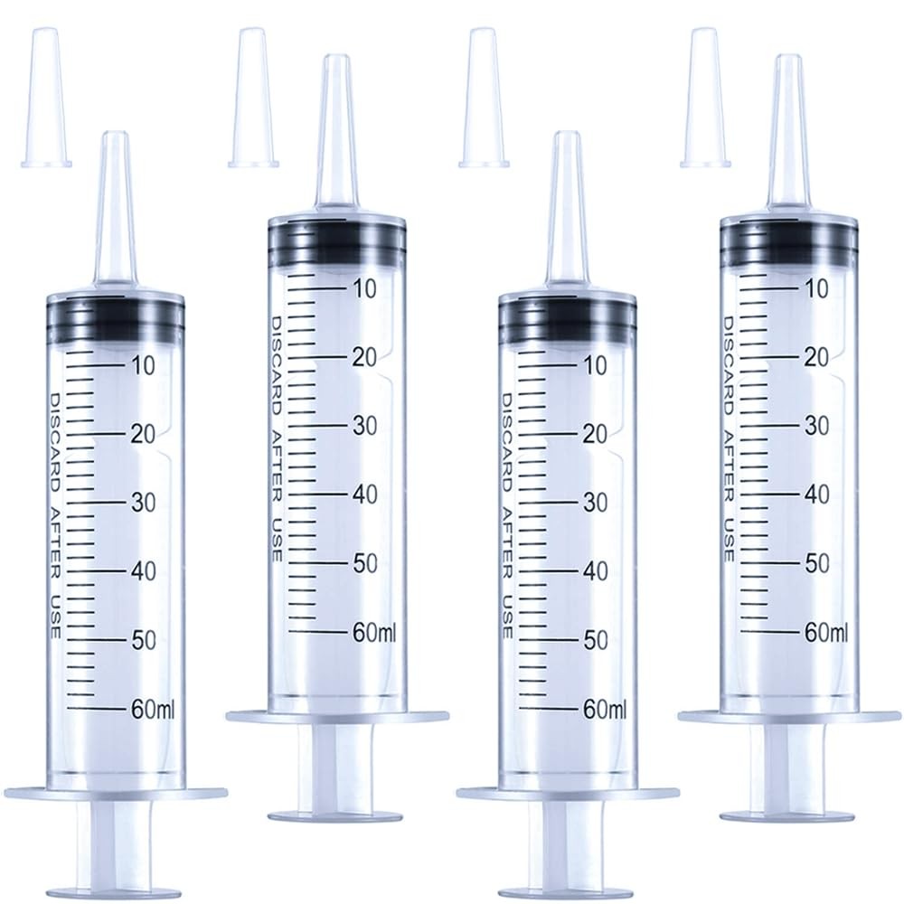 4 Pack 60mL Large Syringe for Liquid with Tip Cap, Plastic transparent