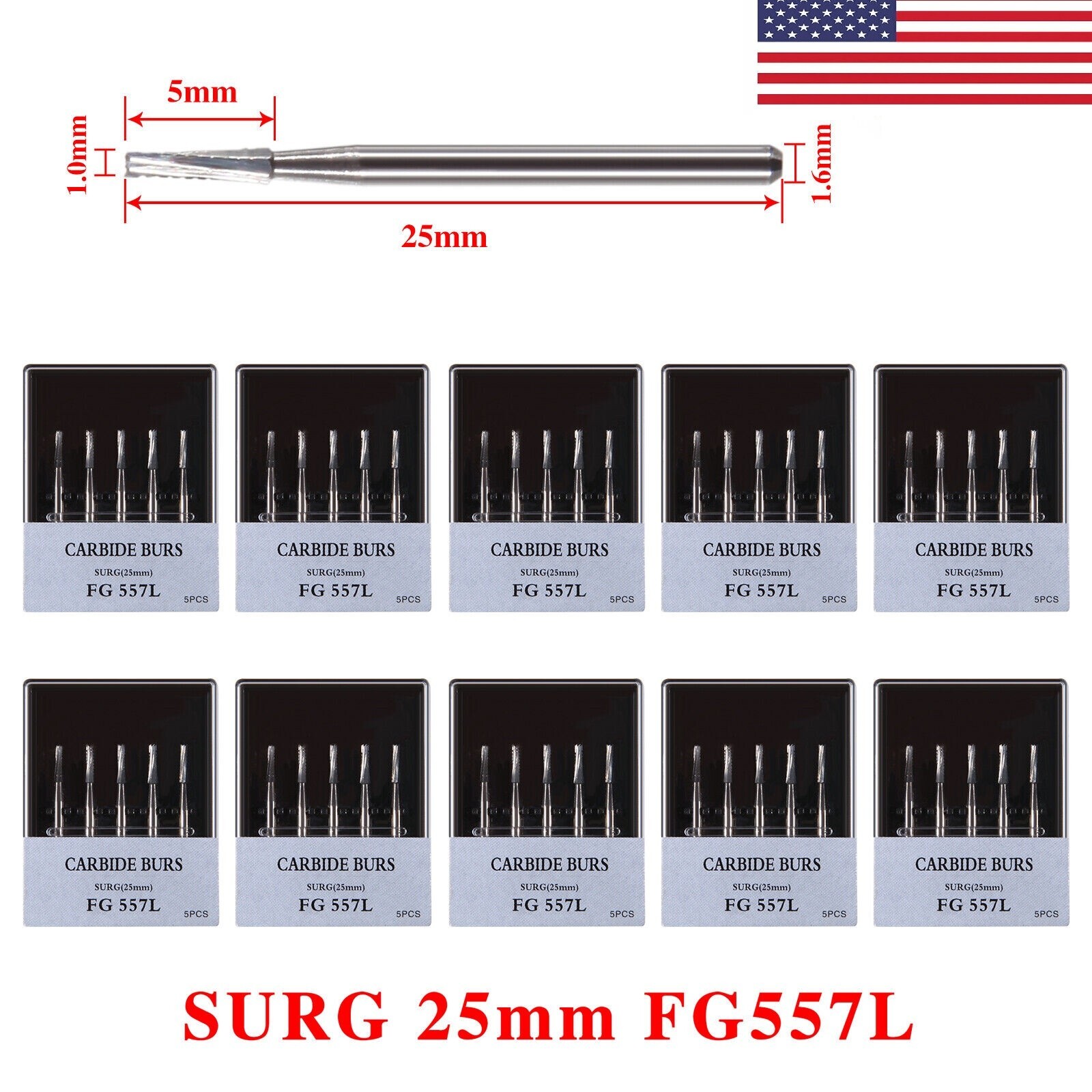 10 boxes Carbide Surgical Burs FG 557L SURG 25mm Bur for High Handpiece USA
