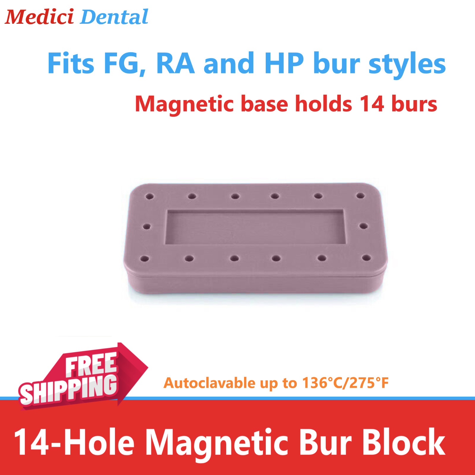Dental Bur Block Magnetic RECTANGULAR Lab Holder Station Hold 14 Burs FG, HP, RA