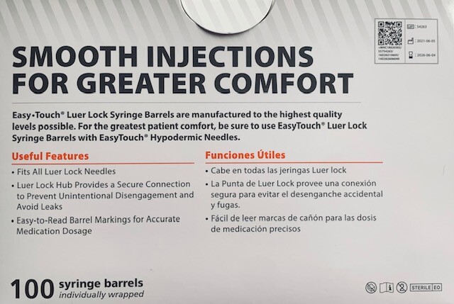 Easy Touch 3cc Conventional Syringe 3mL Luer Lock Syringe without Needle (5 pk)
