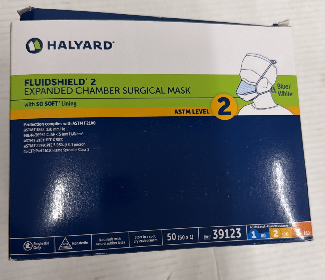 *50-Pieces* Halyard FluidShield ASTM 2 Expanded Chamber Surgical Mask 39123