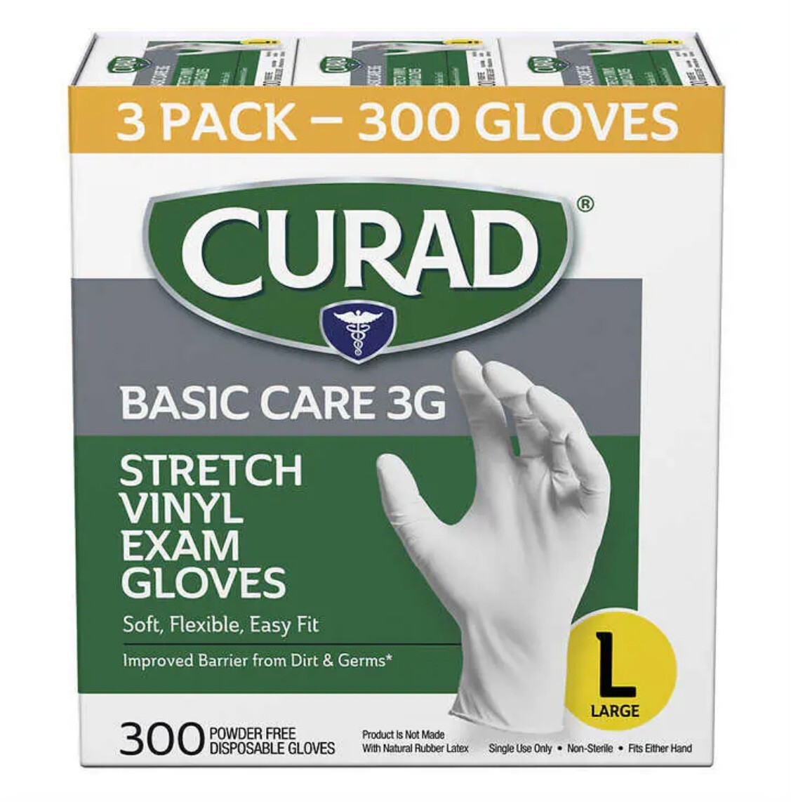 Curad Basic Care 3G Stretch Vinyl Exam Gloves, Size Large, 300 Count, sealed