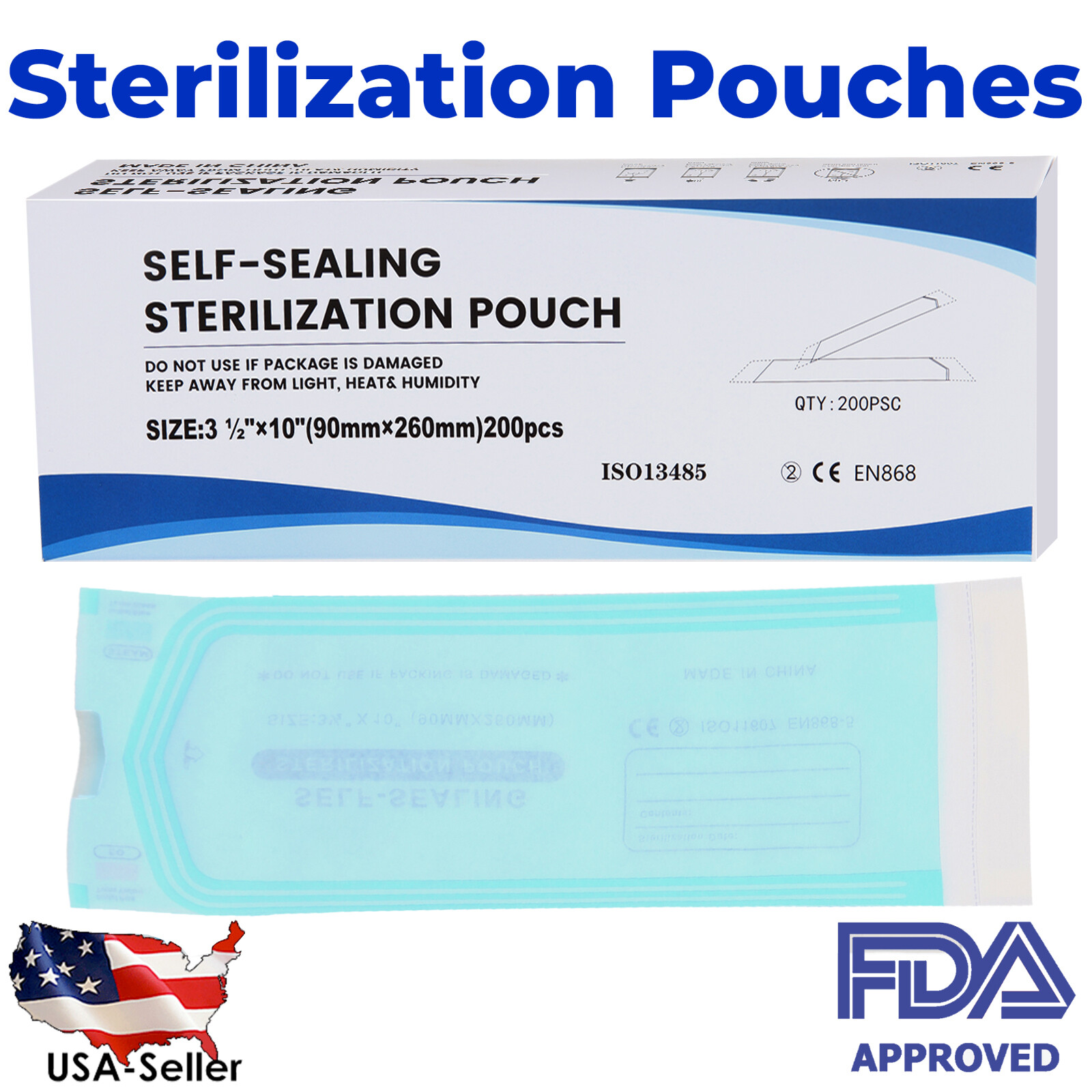 Self-Sealing Sterilization Pouches 3.5″ x 10″ 200 Pcs / Box USA