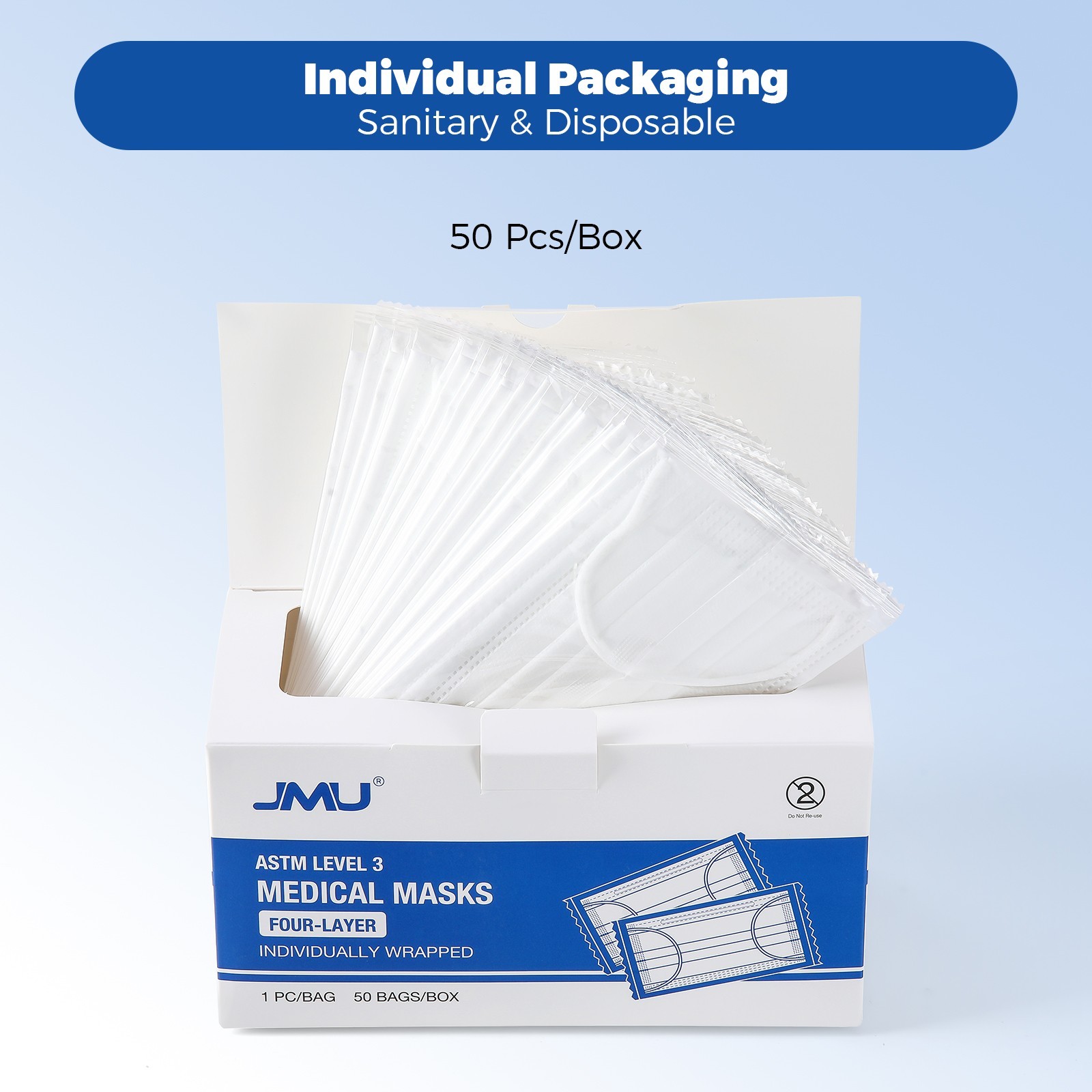 JMU Disposable Medical Face Masks 4-Ply ASTM Level 3 Ear-Loop Face Masks 3Color