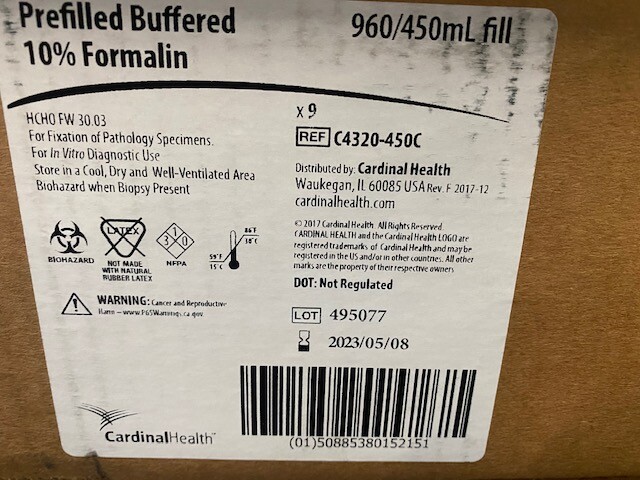 (Case of 9) Prefilled Buffered 10% Formalin Containers 960mL- 450mL, Exp 05/2023