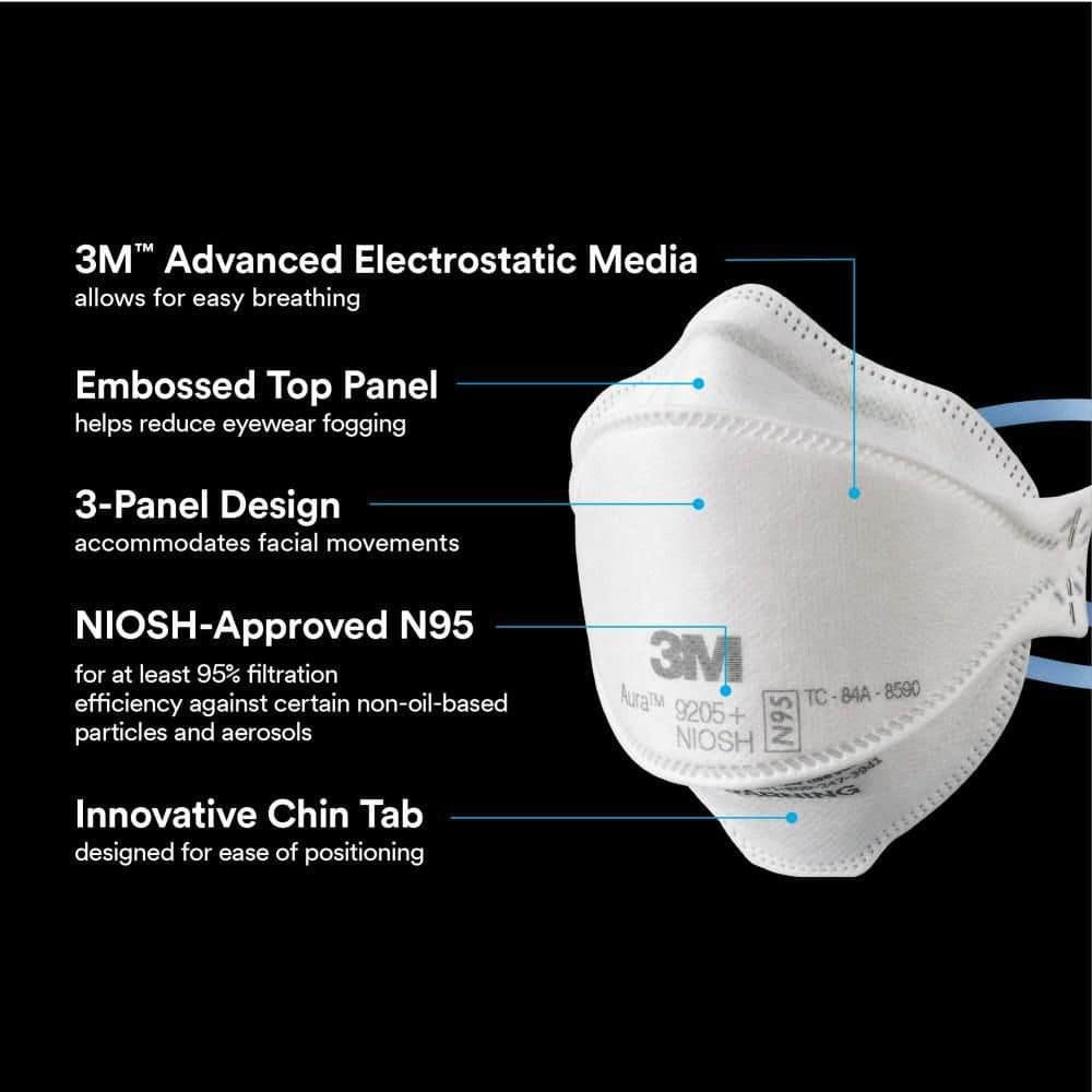3M 9205+ N95 Aura Particulate Disposable Respirator Foldable (20-Pack)