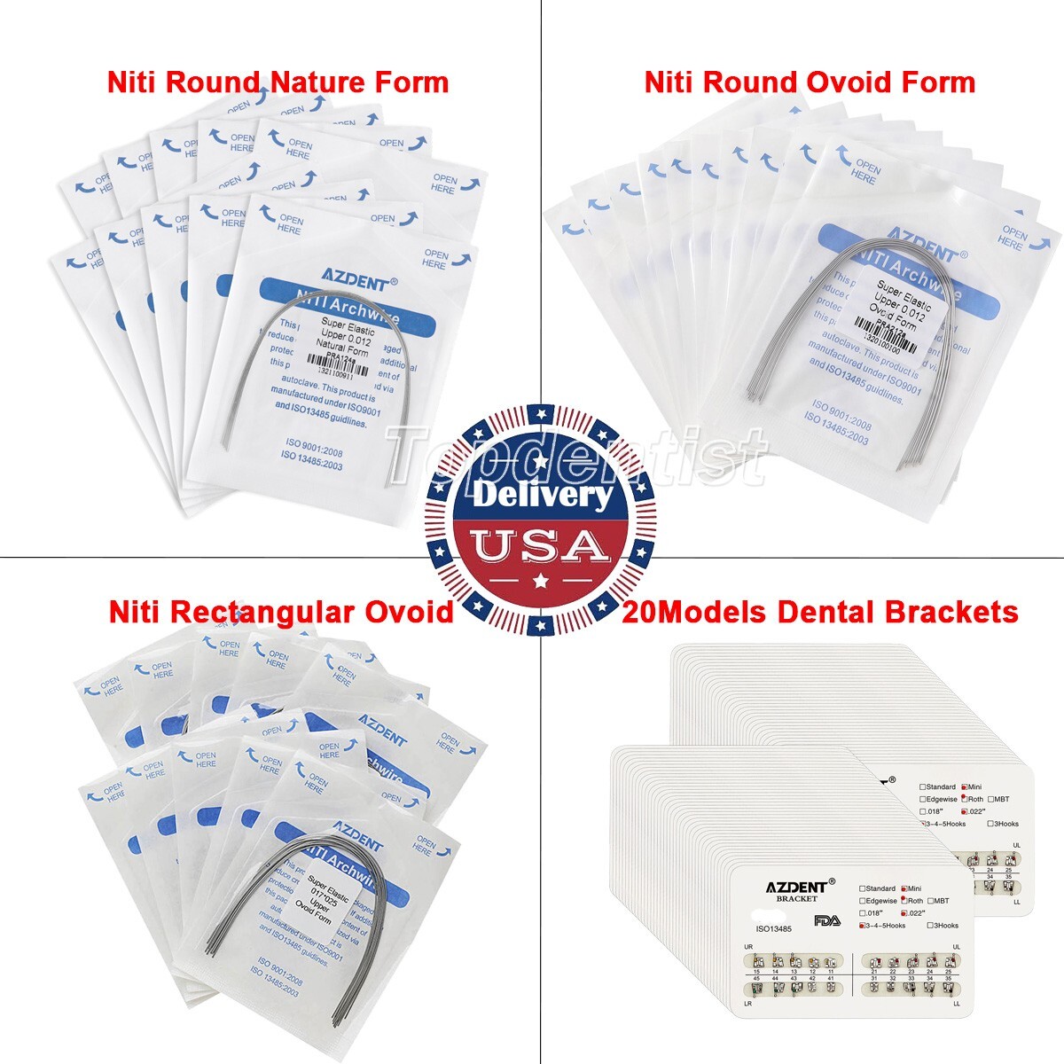 AZDENT Dental Orthodontic Brackets/Niti Arch Wire Round/Rectangular Ovoid/Nature