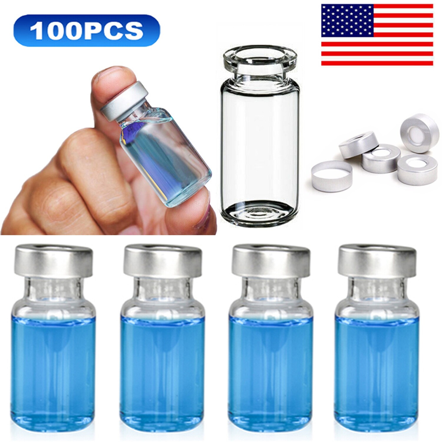10ml 20mm Clear Vials+Caps Crimp Top Glass Bottles HPLC Beveled Edge Top(100pcs)