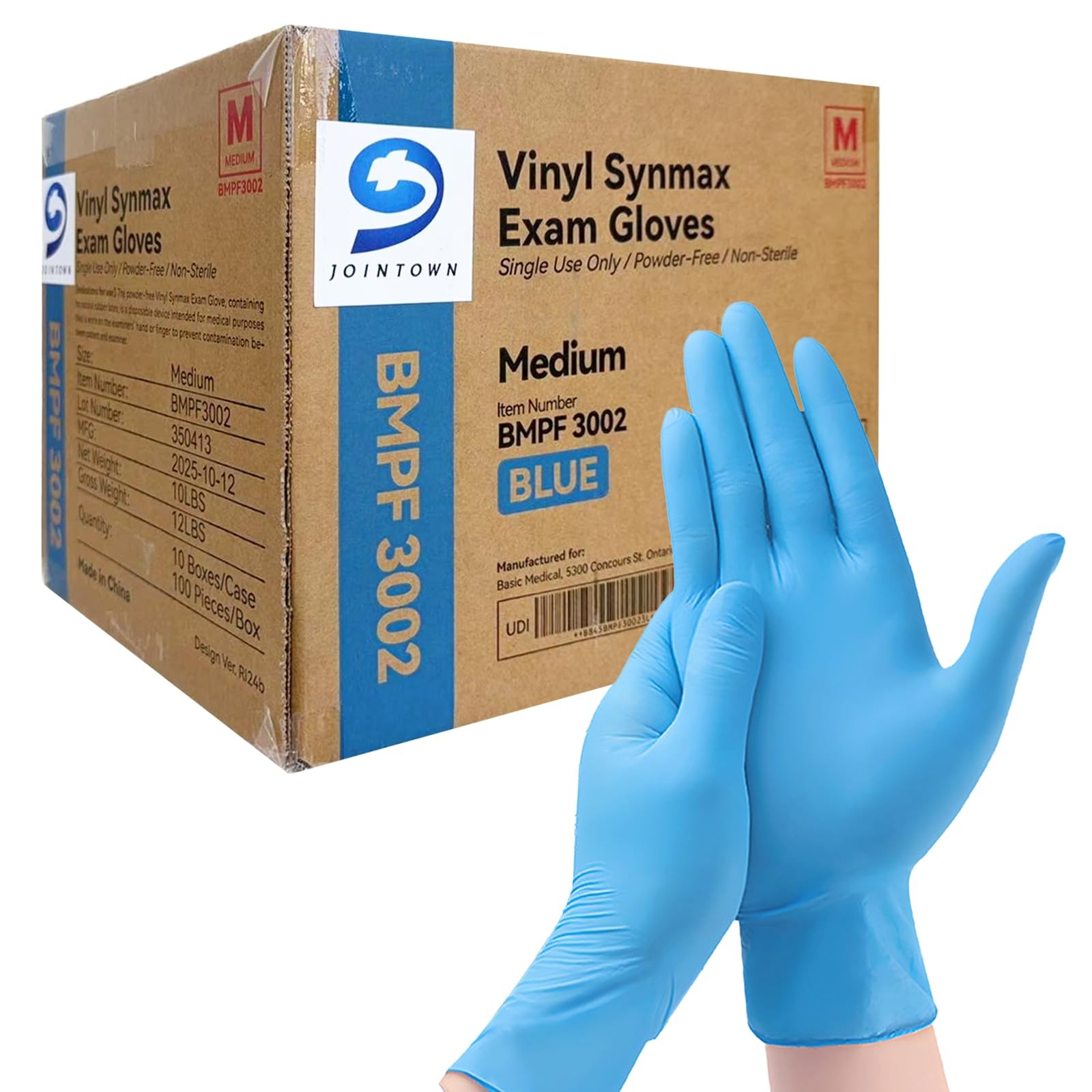 Jointown Basic Vinyl Exam Gloves, Latex-Free, Powder-Free, Medium, Blue