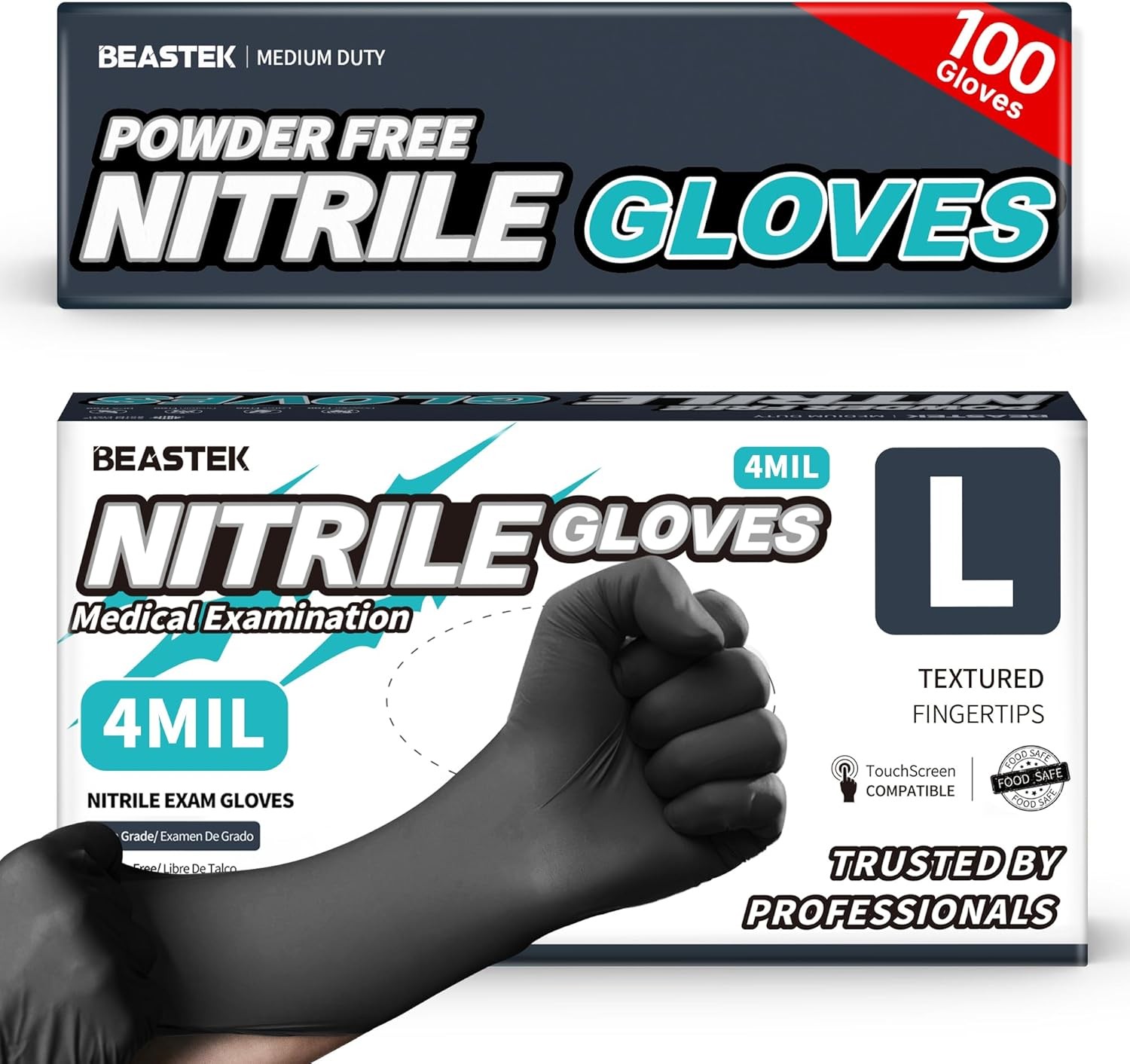 Black Nitrile Exam Gloves 100Pc 4Mil Disposable Powder-Free Latex-Free Food Safe