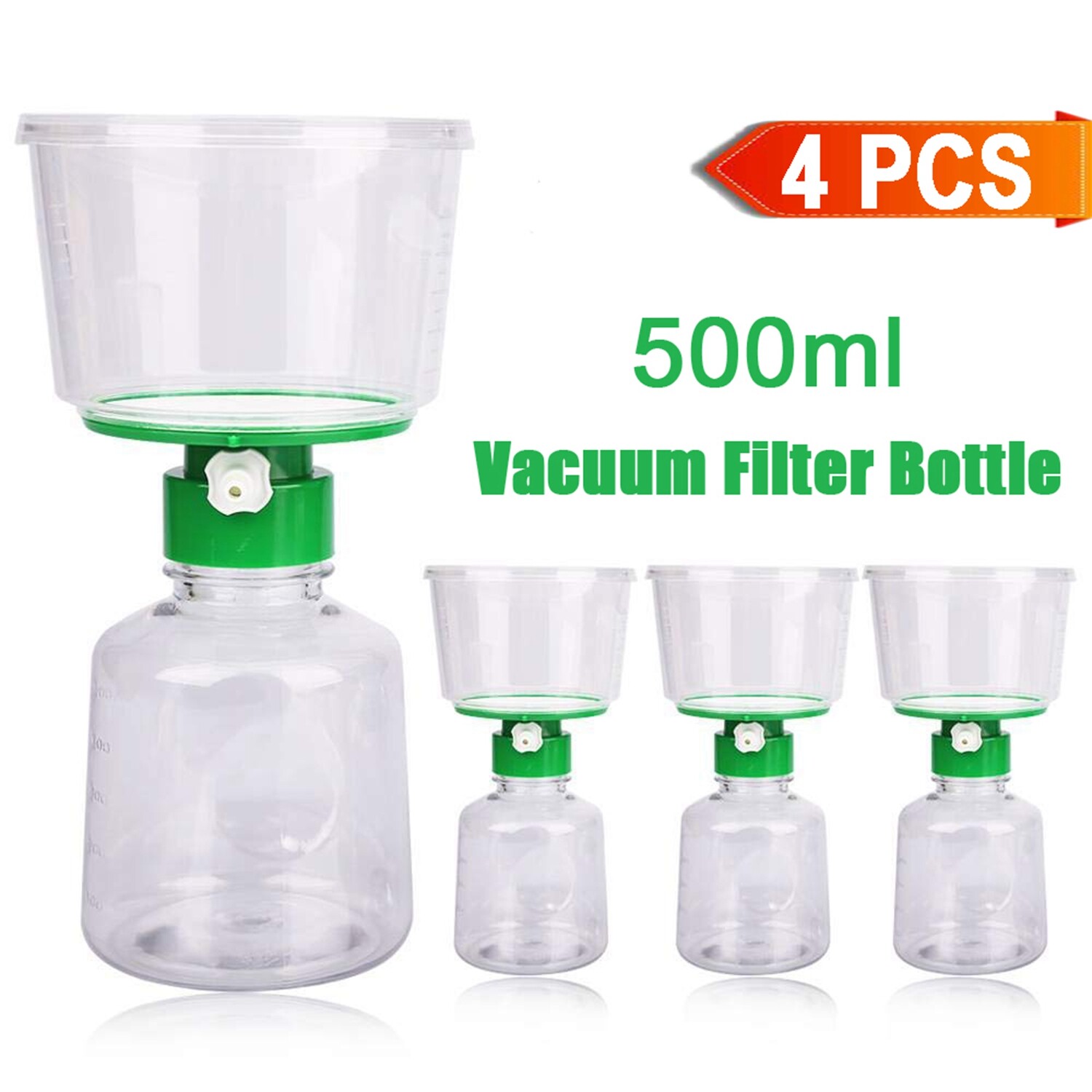 Disposable PES Filter Vacuum Units 0.22μm 500ml Bottle Top&Receiver Flask 4Pcs