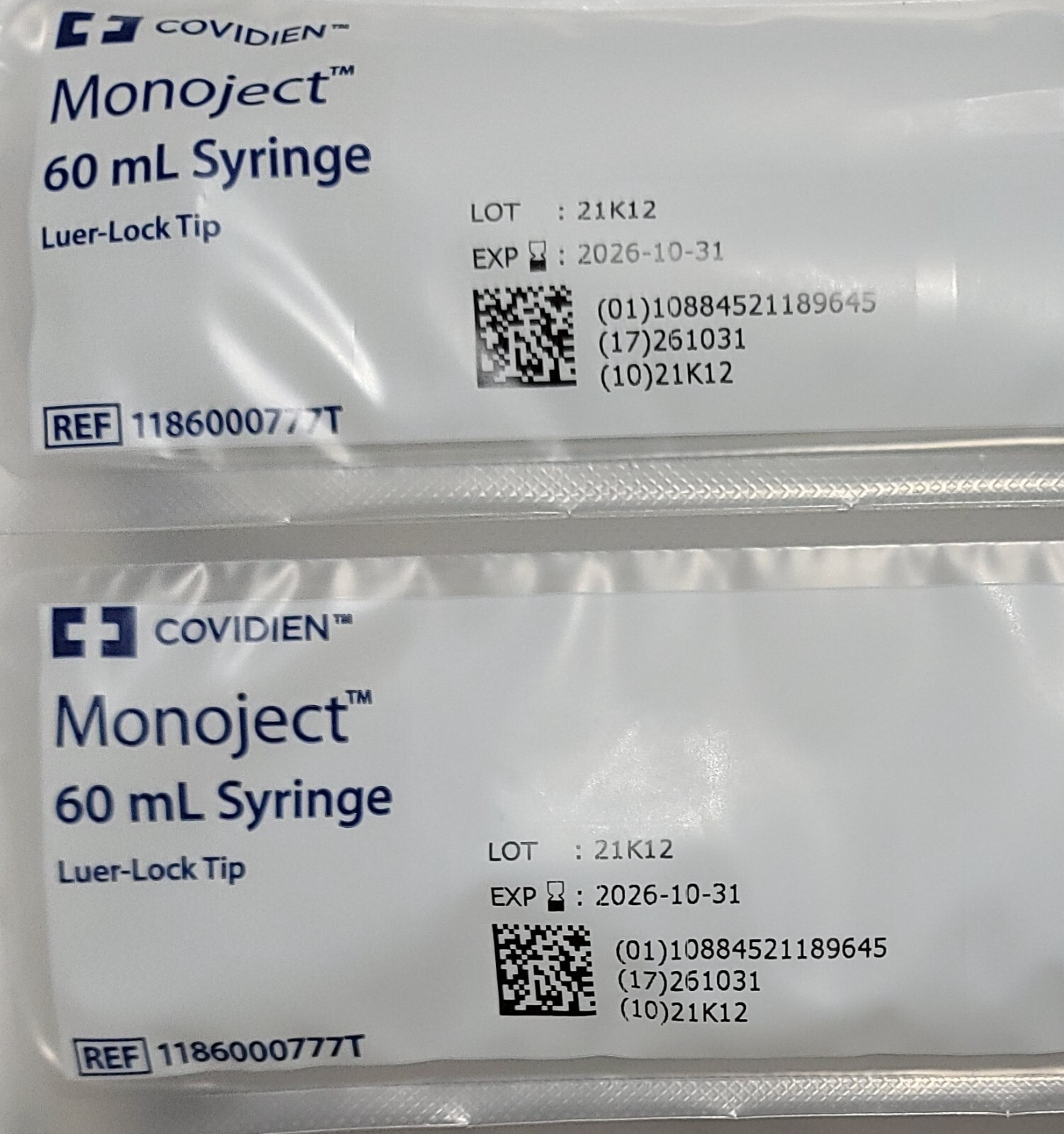5Pk 60ml Syringe LuerLock Tip – NO NEEDLE – Sterile Covidien 118600777T Monoject