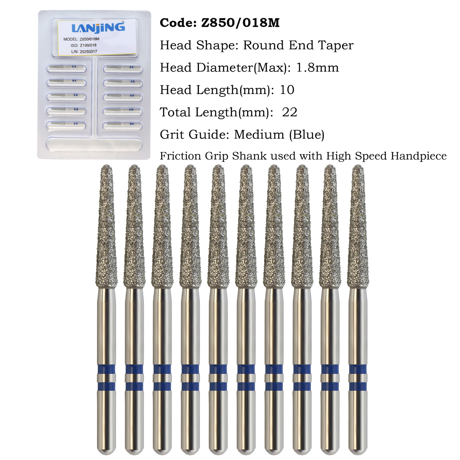 Zirconia Cutting Diamond Bur FG Round End Taper Z850 856 Medium Fine Grit