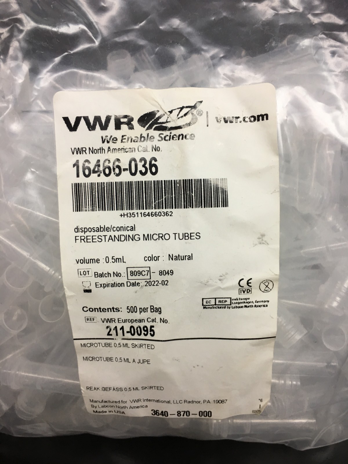 VWR Cat No 16466-036 0.5mL Freestanding Micro Tubes