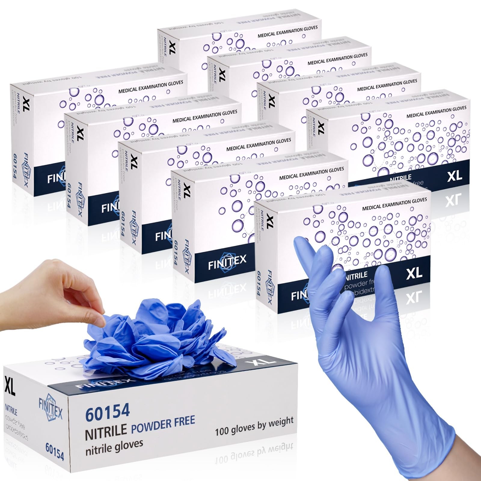 FINITEX Disposable Nitrile Exam Gloves 1000 PCS – 3.2mil Ice Blue Powder-free