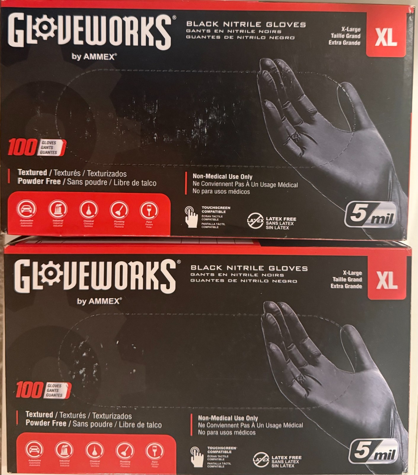 (2 PACK) GLOVEWORKS (Size: XL) 5mil Black Nitrile Gloves, 100 Count, (200 Total)