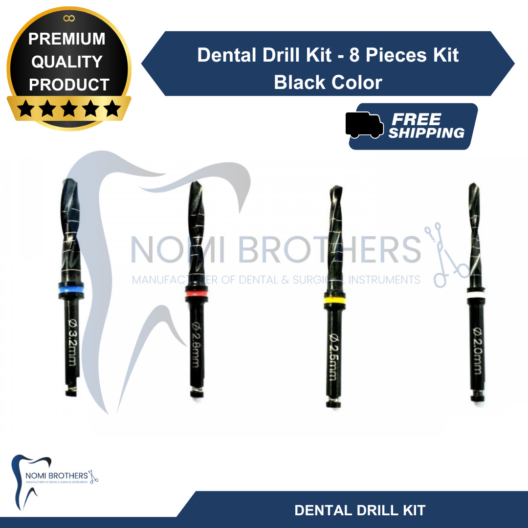 8-Piece Titanium Coated Dental Drill Kit – Black, CE Certified, Autoclavable