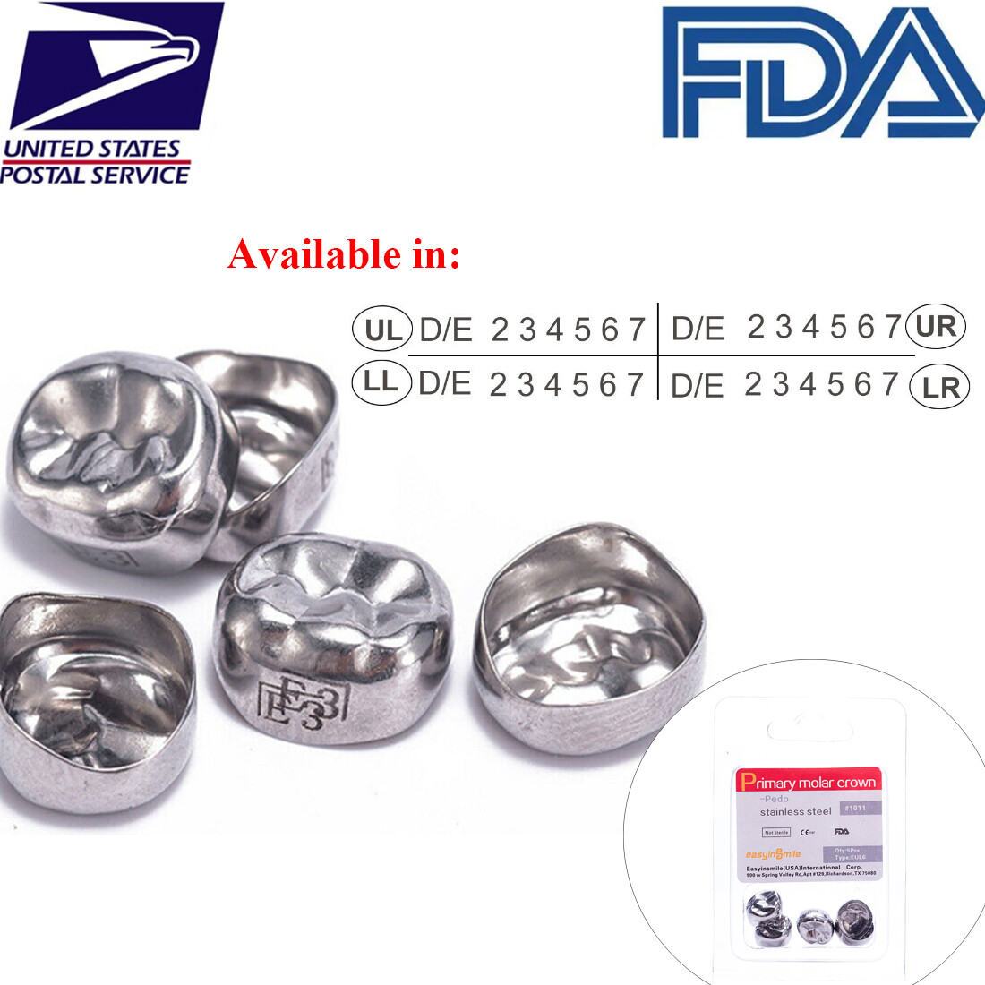 5Pcs Dental Molar Crown Stainless Steel Temporary Primary Kids Crown All Size US