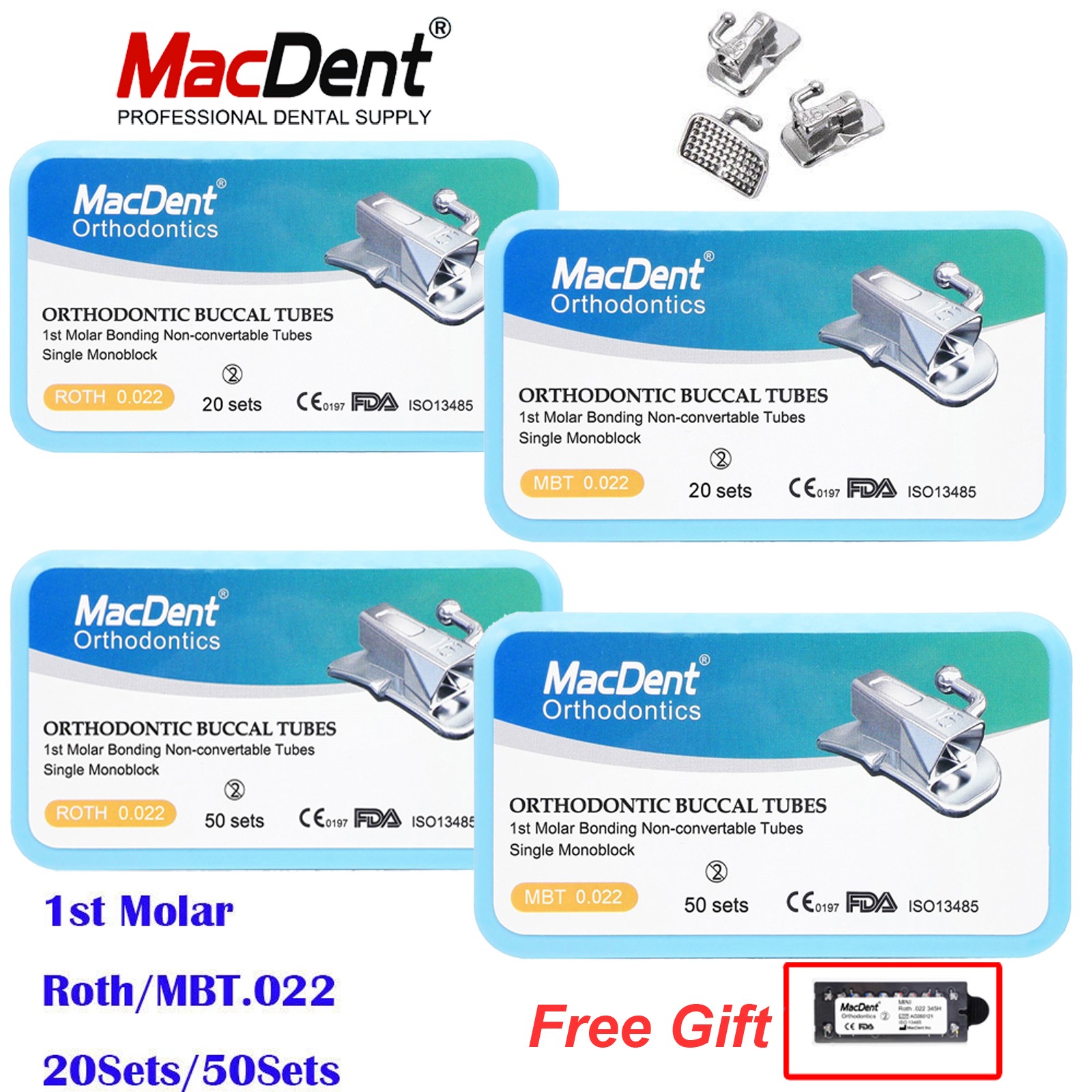80/200X Dental Orthodontic Buccal Tubes MBT/ROTH.022 1st Molar Monoblock MacDent