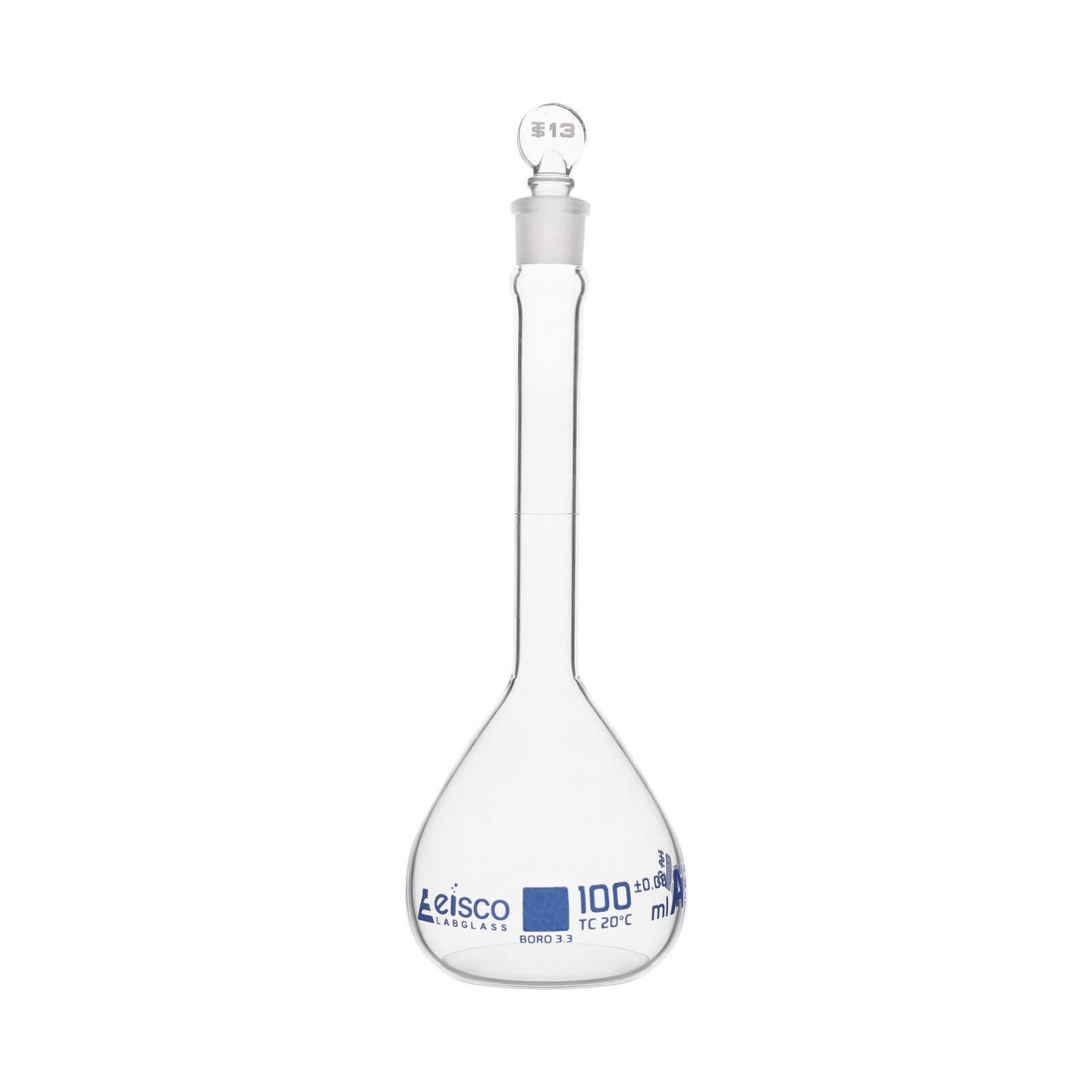 Eisco 100ml ASTM Volumetric Flask with Glass Stopper, Class A – Blue Graduation