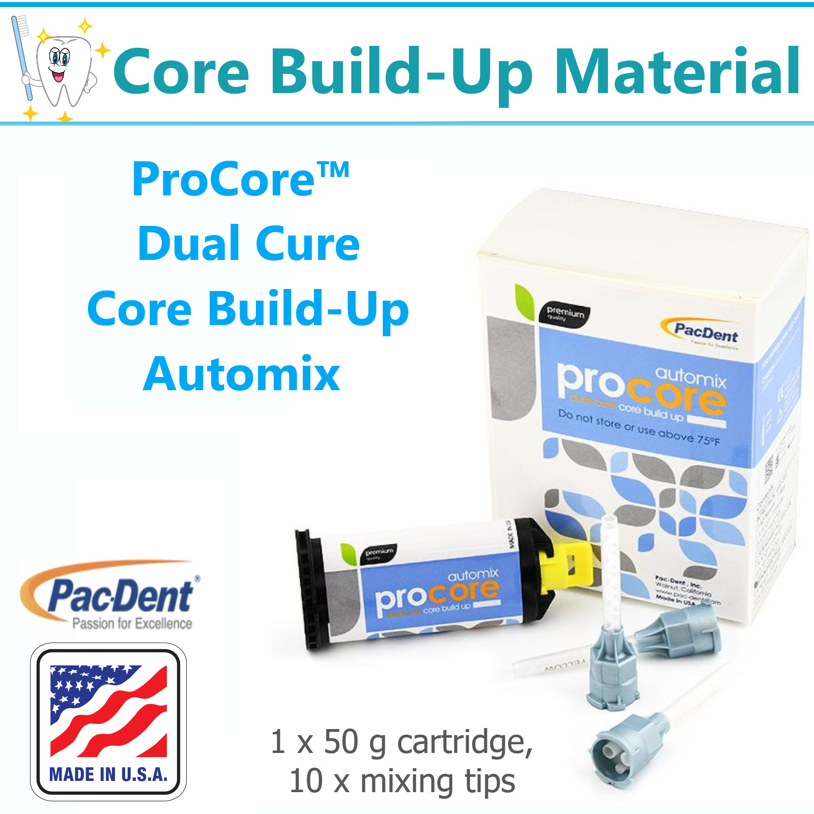 Dental Core Build-Up Material 1 x 50g cartridge & Tips PacDent ProCore Dual Cure
