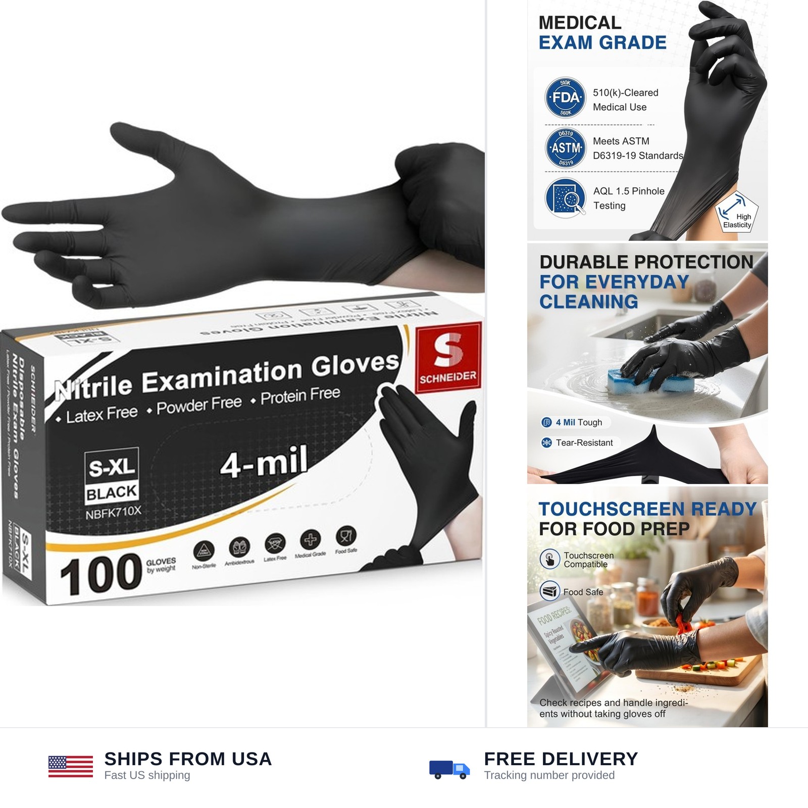 Schneider Medical Nitrile Exam Gloves, 4 Mil Black Gloves Disposable Latex Fr…