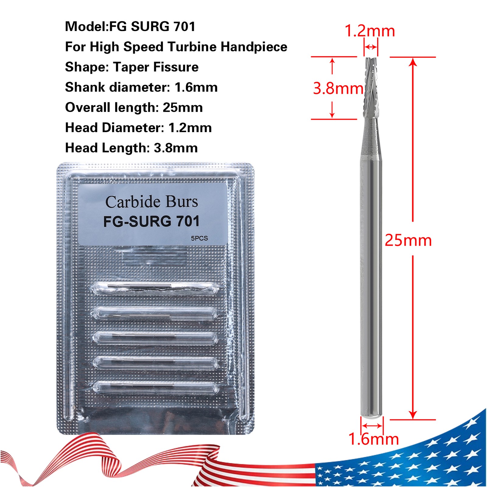 Dental Burs Carbide Surgical High Speed Taper Fissure Crosscut FG SURG 701 ns