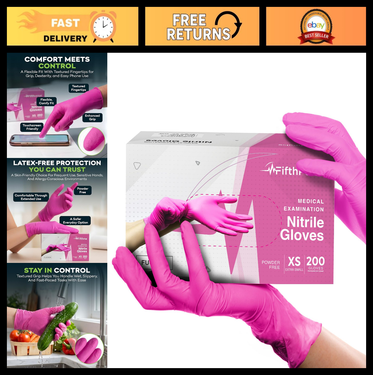 Fuchsia Hot Pink Nitrile Disposable Gloves – 3 Mil, Powder & Latex Free, Medical