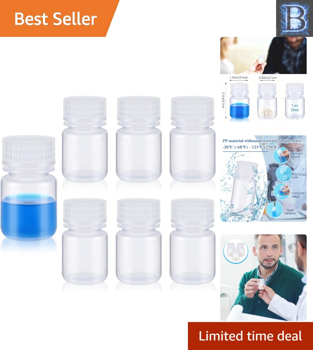 Set of 6 Reusable 30ml Polypropylene Bottles with Wide Mouth for Laboratory Use