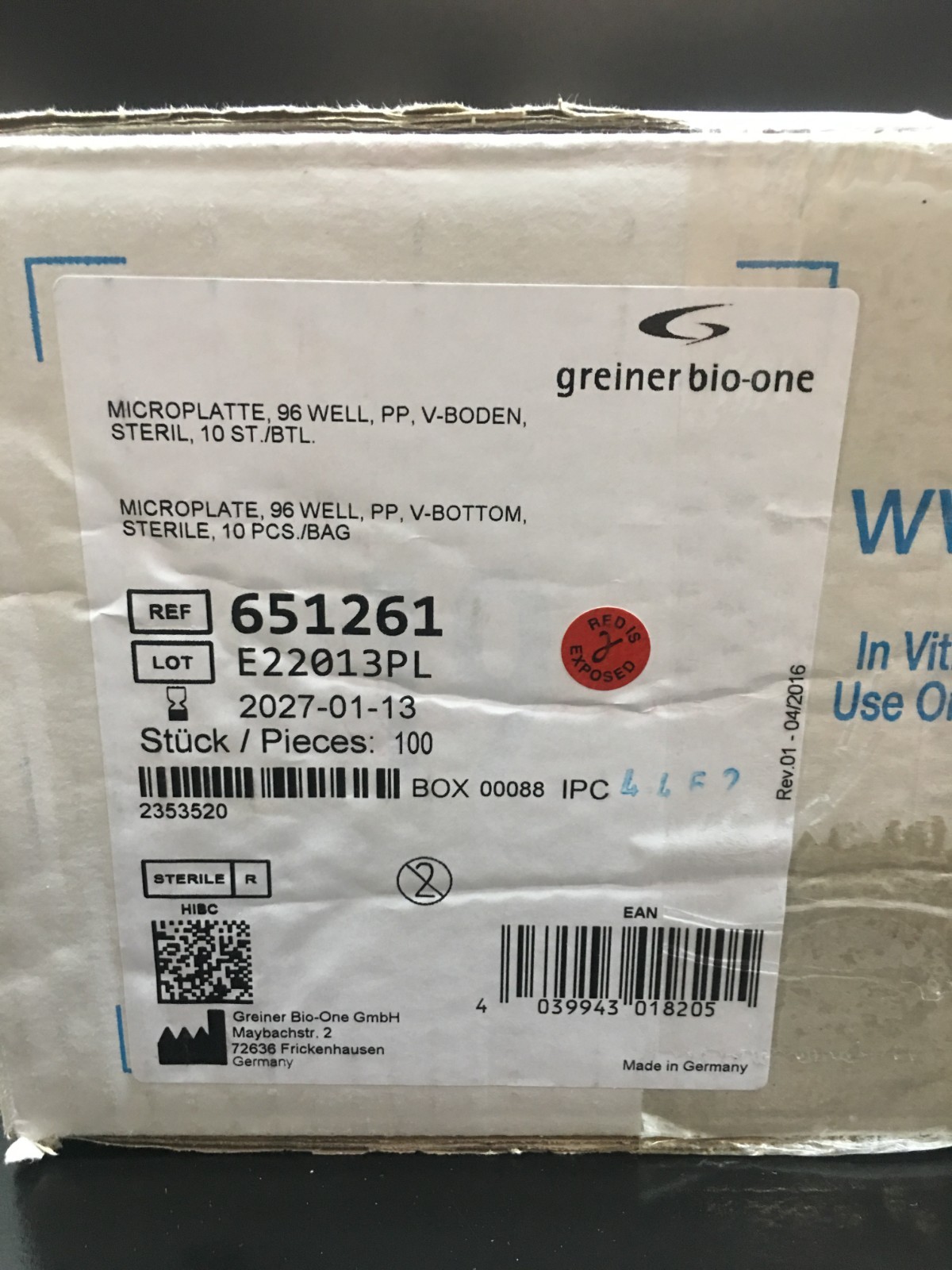 Greiner bio-one REF 651261 Microplate 96 Well V-BOTTOM Case of 100