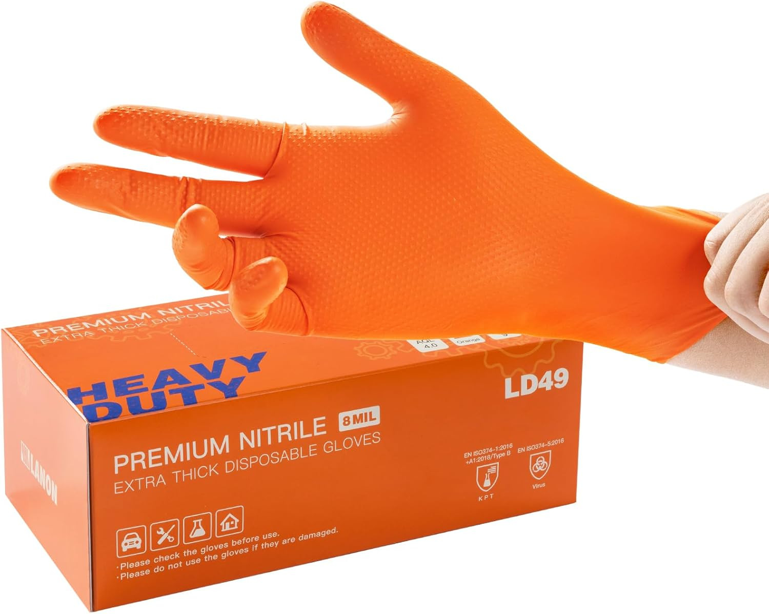 LANON 8Mil Orange Disposable Nitrile Gloves, Mechanic, Heavy Duty, Food Safe, La