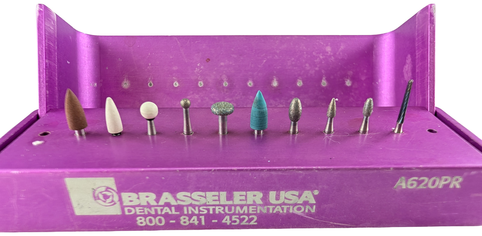 Brasseler USA A620PR Purple Aluminum Bur Block 12-Hole FG With 10 Assorted Burs