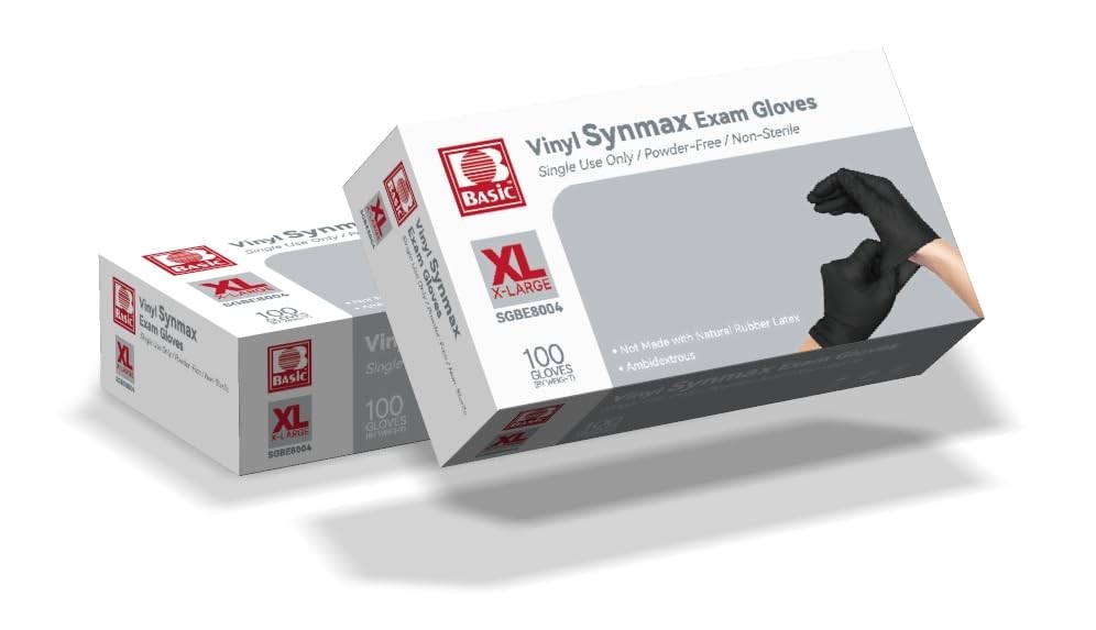 Basic Vinyl Exam Gloves, 4 mil Safty X-Large, 100 Count (Pack of 10), Black