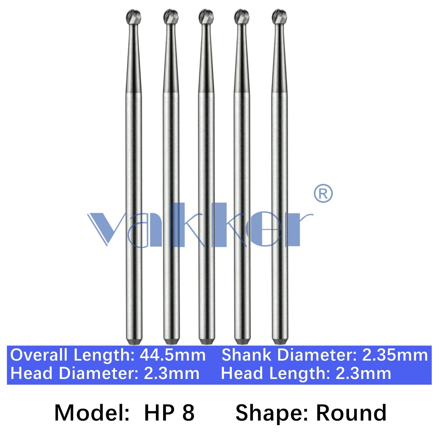 Vakker Dental HP 8 Carbide Burs Round For Straight Handpiece 2.35mm Shank 5pc/pk