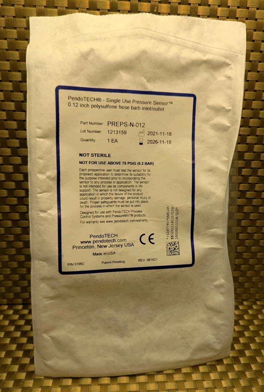 PendoTECH Single Use Pressure Sensor PS 0.12” Hose Barb Inlet Outlet PREPS-N-012