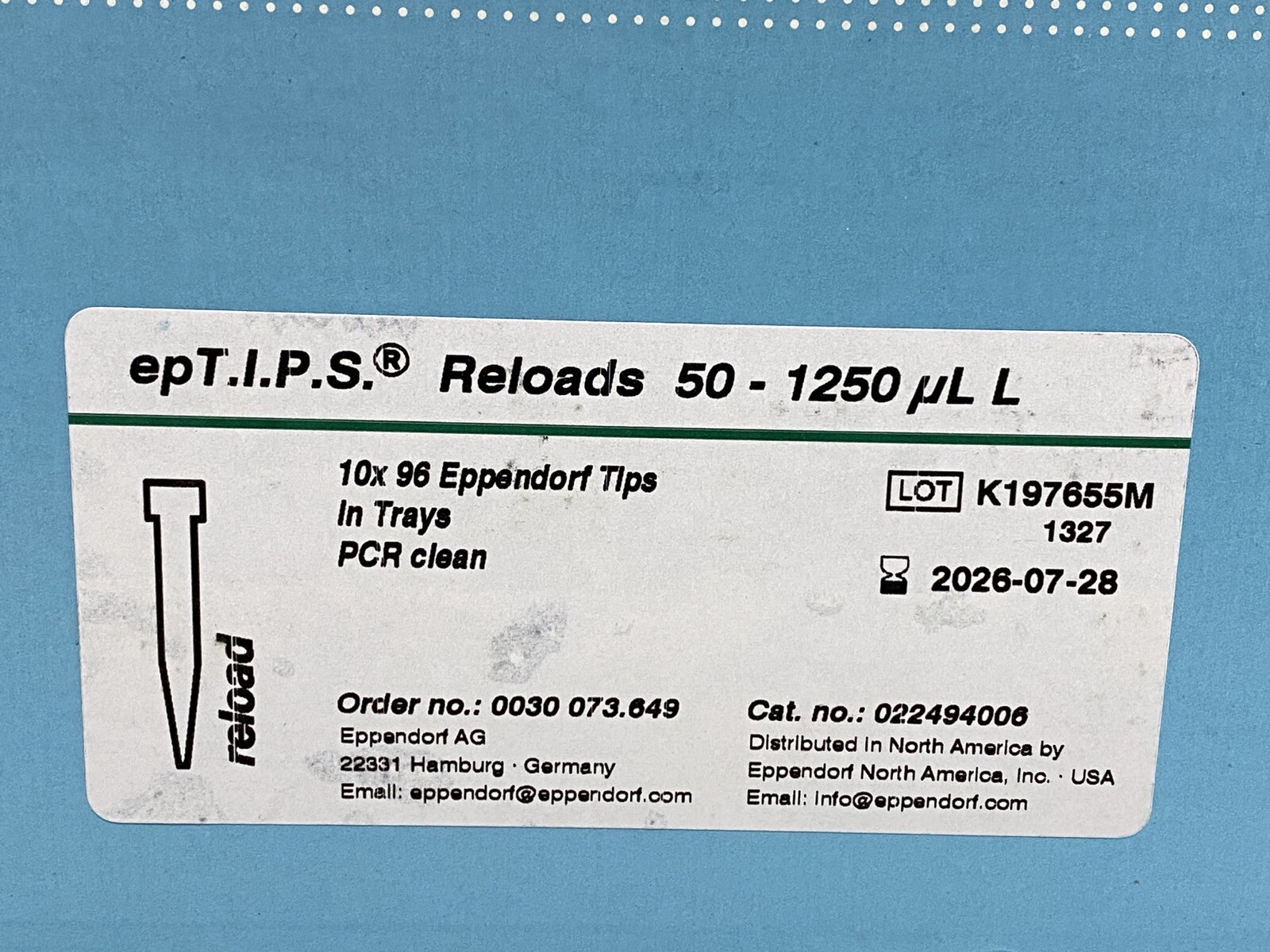(960/Pk) EPPENDORF 1250uL epT.I.P.S. Reloads Pipette Tips 10×96 Trays 022494006