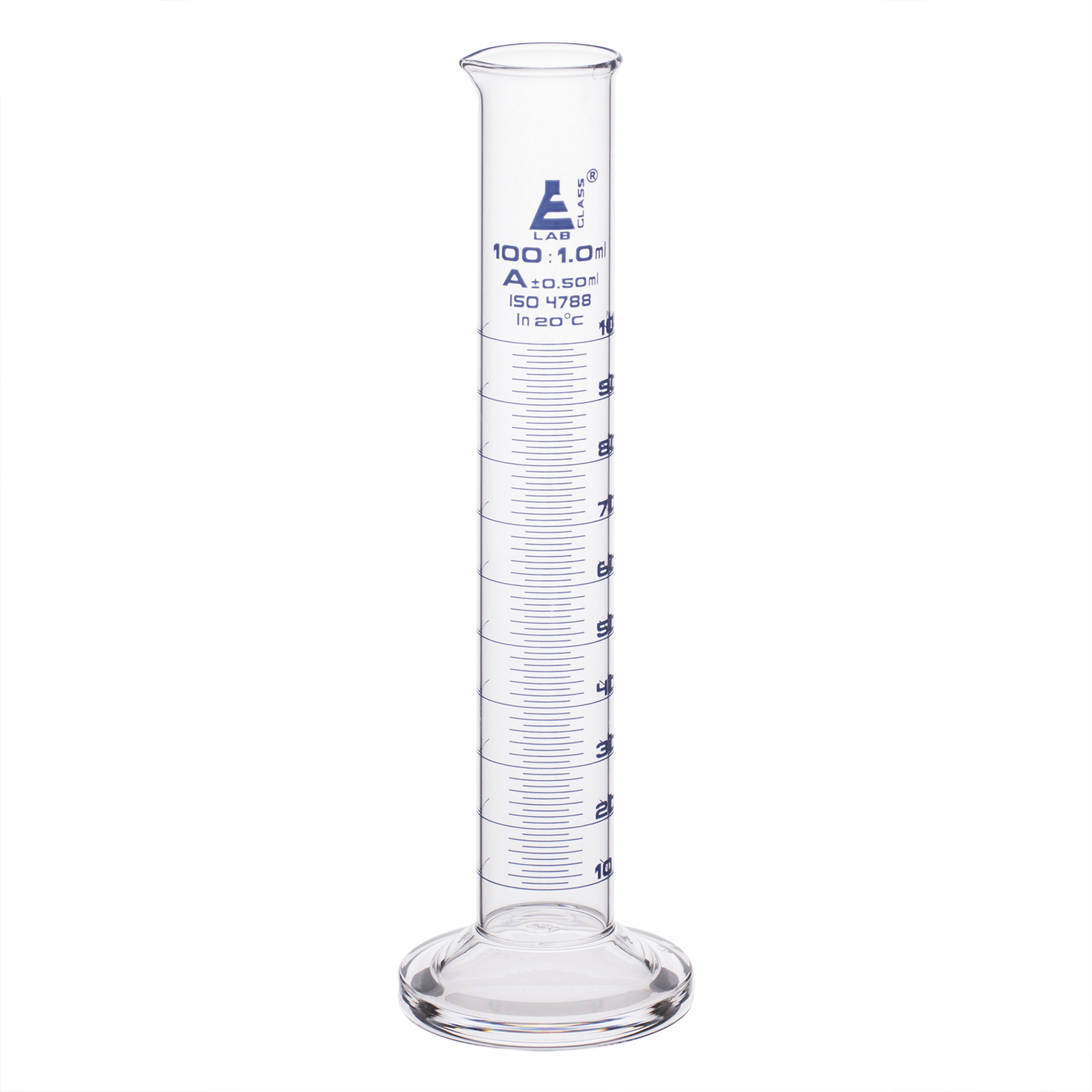 Eisco Labs 100ml Graduated Cylinder, Class A – Blue Graduations, Round Base