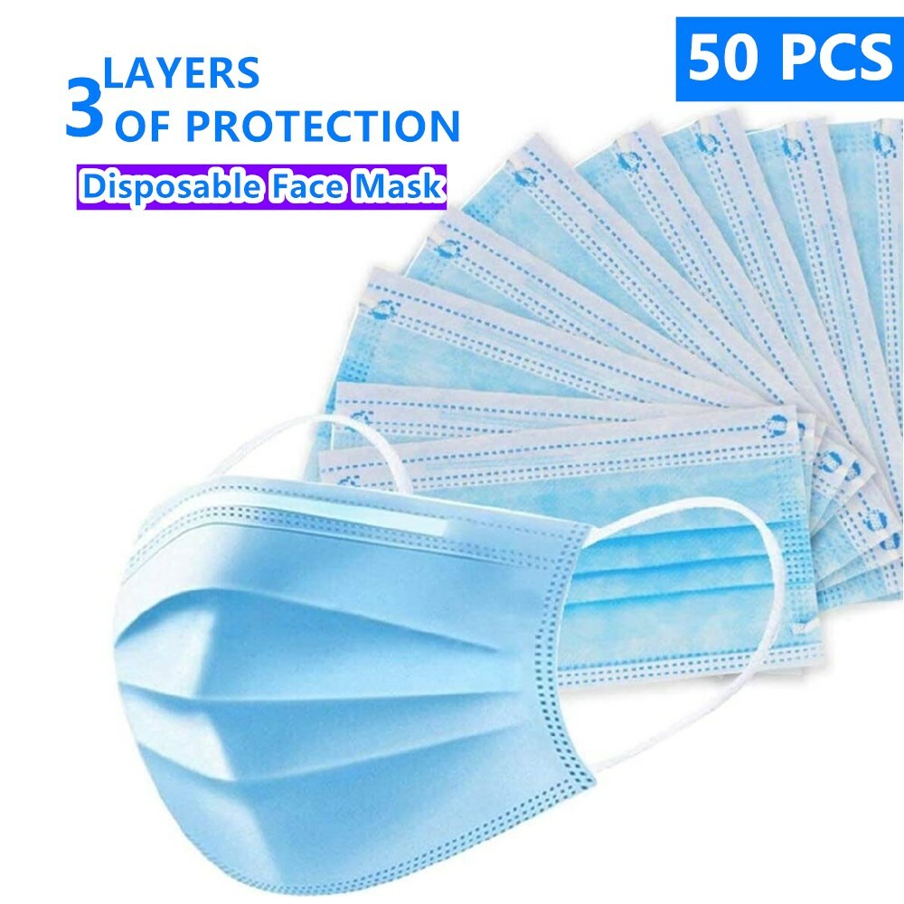 50 PCS 3-PLY Disposable Face Mask Non Medical Surgical Earloop Mouth Dust Cover