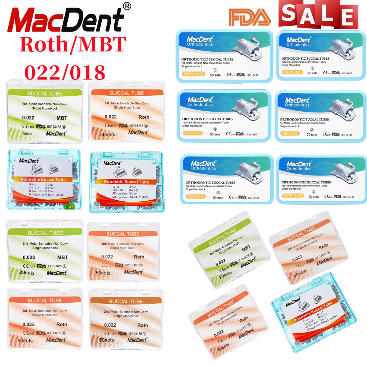 MacDent Dental Orthodontic Buccal Tubes 1st 2nd Molar Tube Roth MBT 022 Bondable