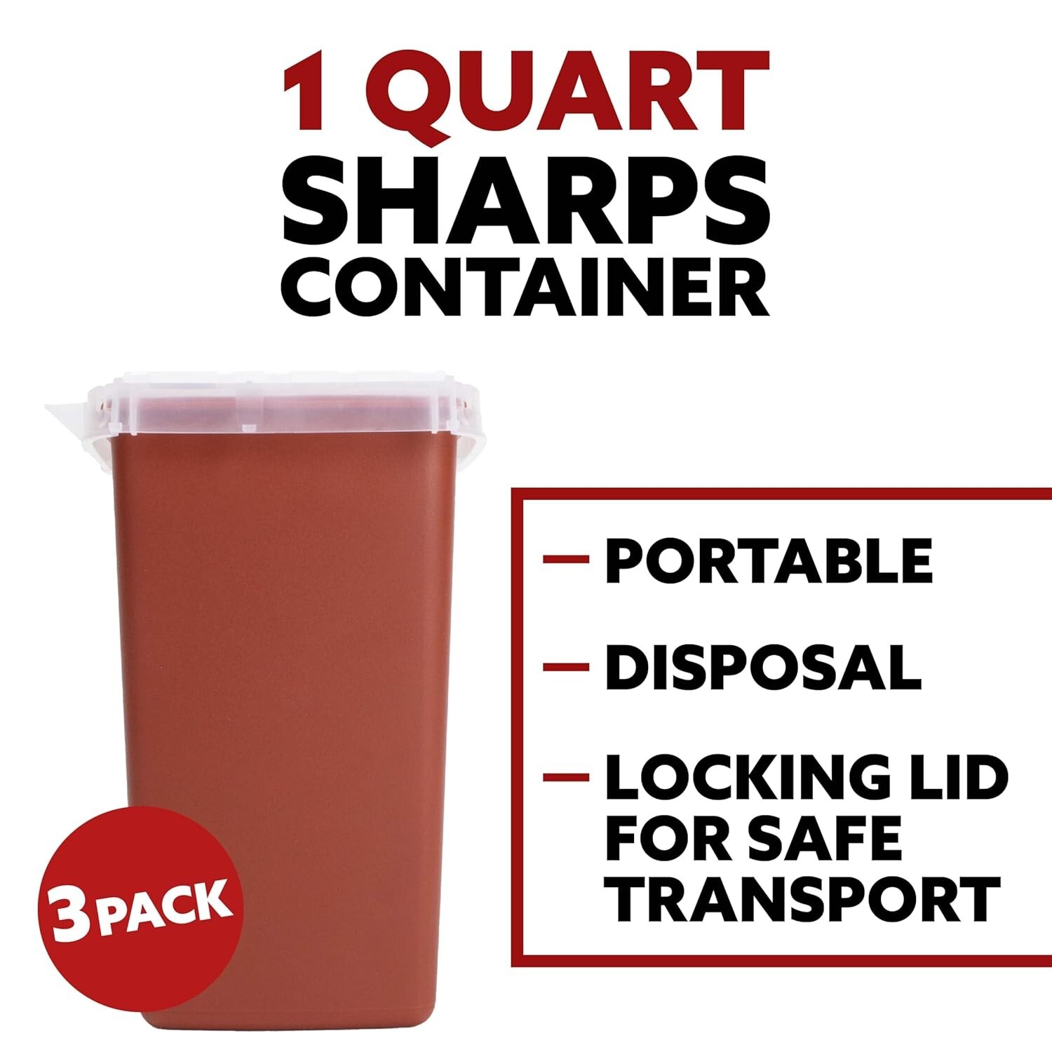 1 Quart Sharps Container, Portable Container, 3 Pack