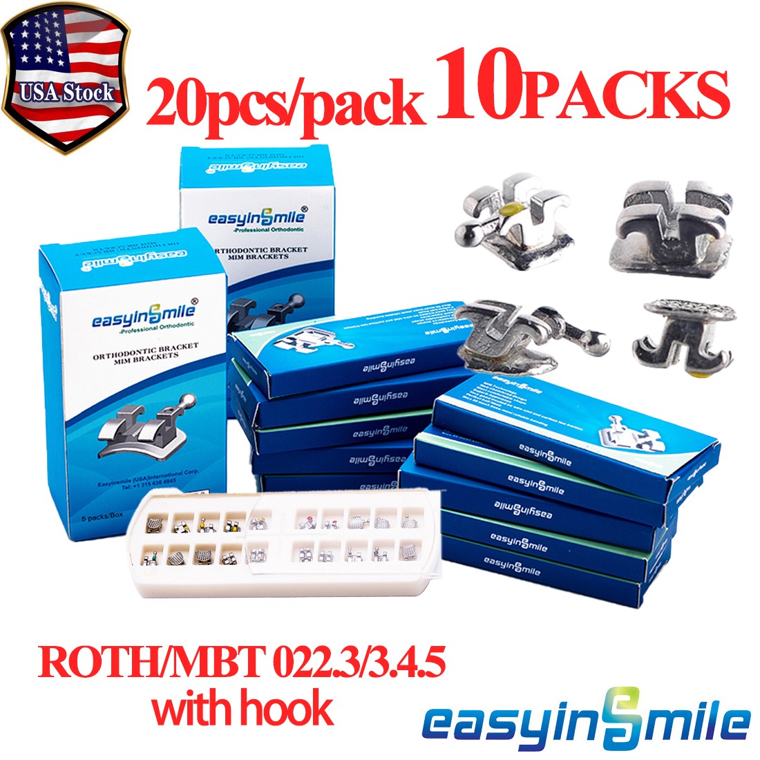 10Packs Dental Orthodontic Brackets Metal Mini Braces MBT/ROTH 022 3/345 W/Hooks