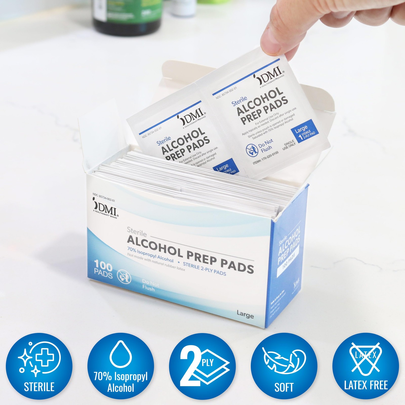 DMI Alcohol Prep Pads, 500 Count (5 Boxes of 100), Medical Grade Large White