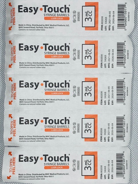 Easy Touch 3cc Conventional Syringe 3mL Luer Lock Syringe without Needle (5 pk)