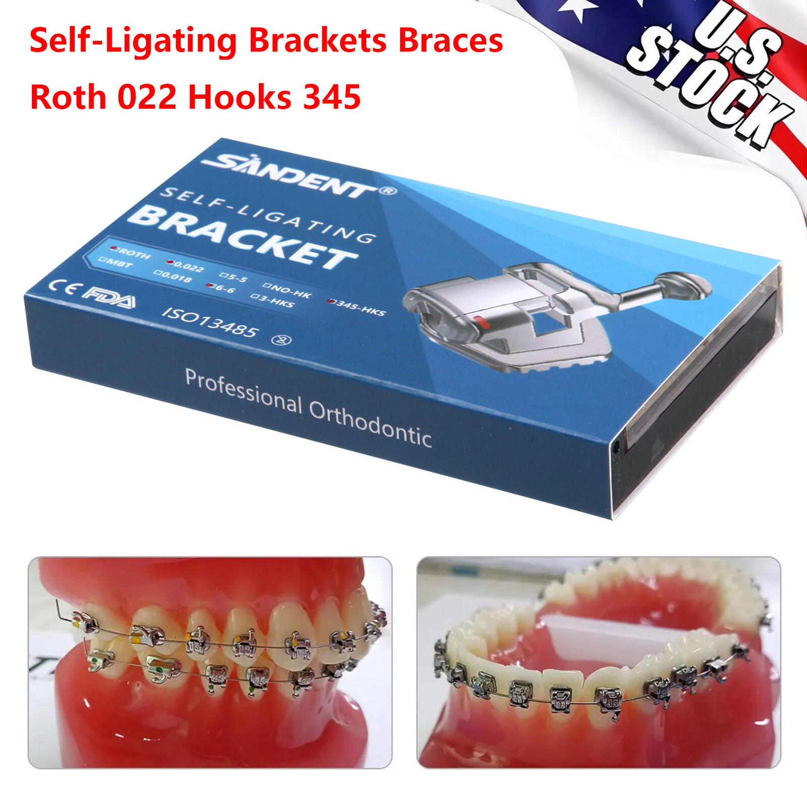 20pcs Dental Orthodontic Self-ligating Brackets Metal Brace Roth 022 345 Hooks
