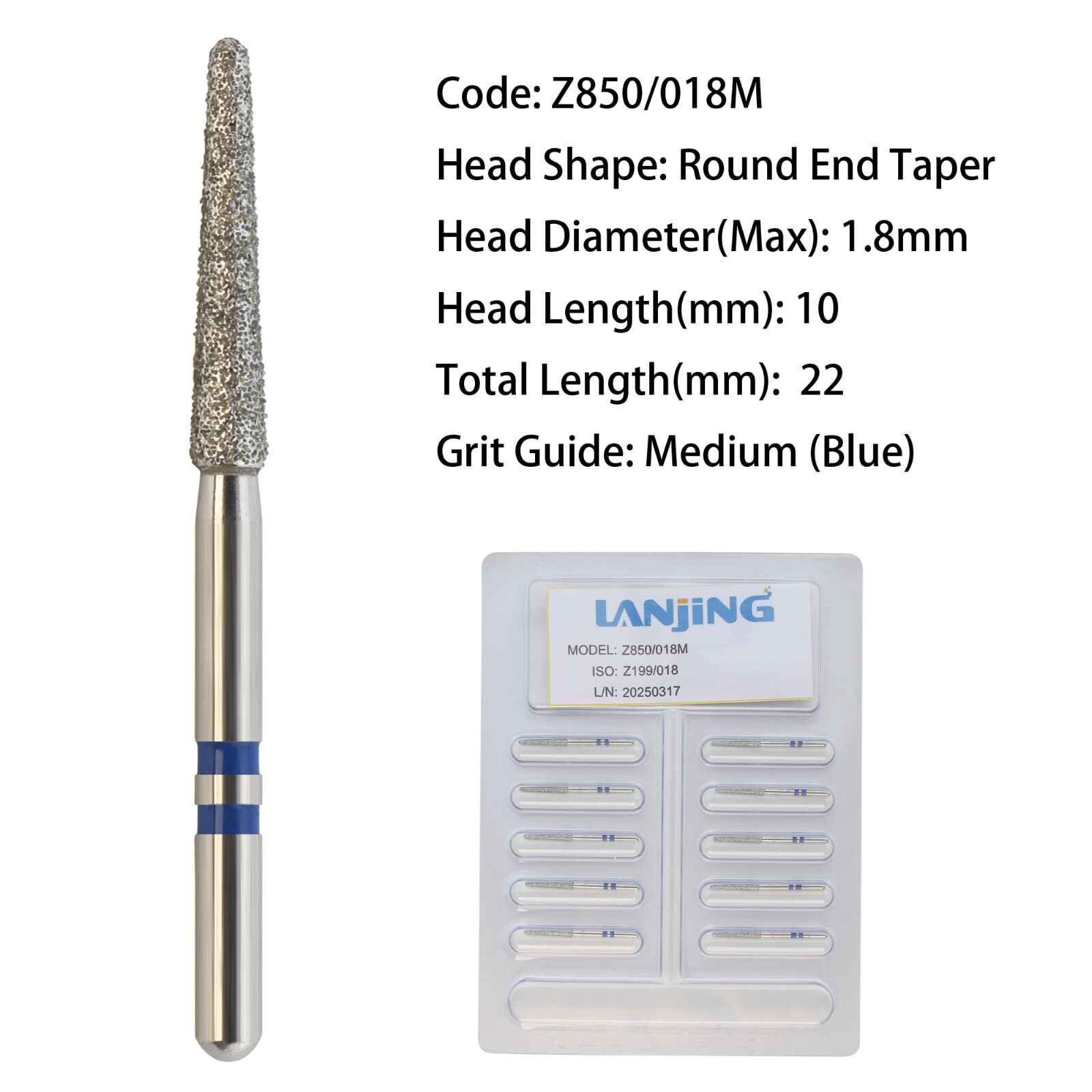 Zirconia Dental Diamond Burs Round End Taper Z850/018M Medium Grit High Speed FG