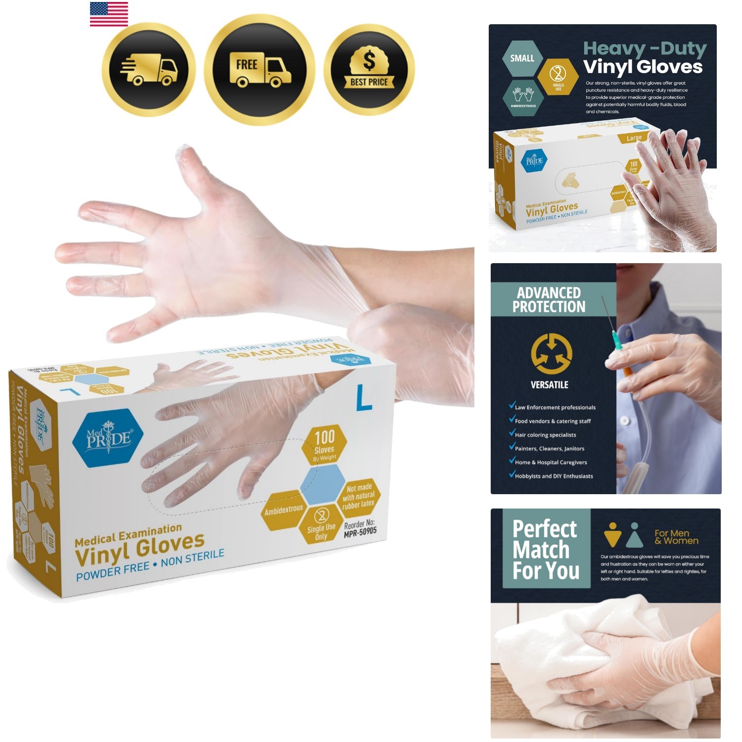 Medical Vinyl Examination Gloves Large, 100-Count Latex & Rubber Free, Ultra-…