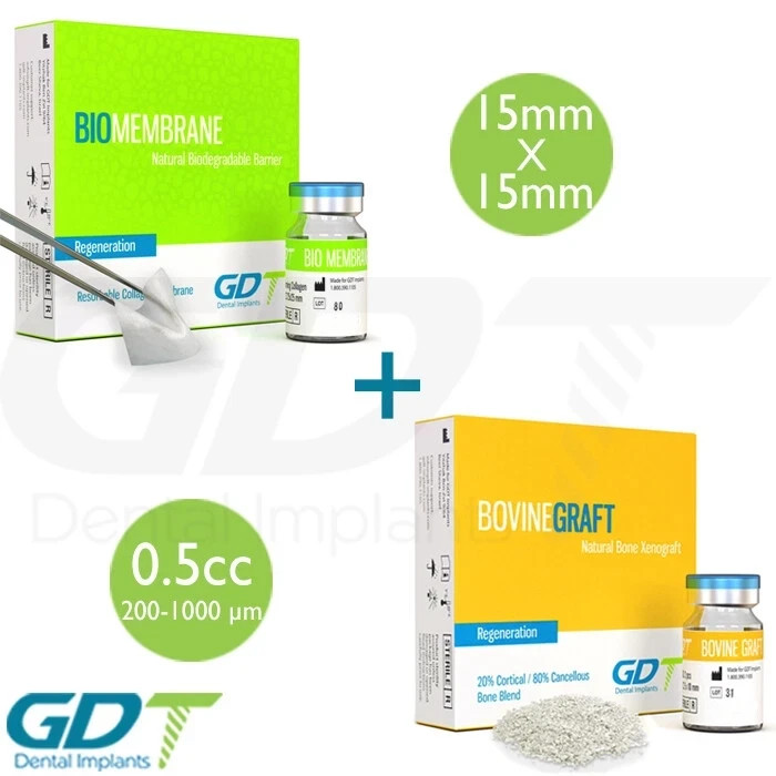 15mm x 15mm BioMembrane Reso rbable Barrier + 0.5cc Granules Bon Graft GDT