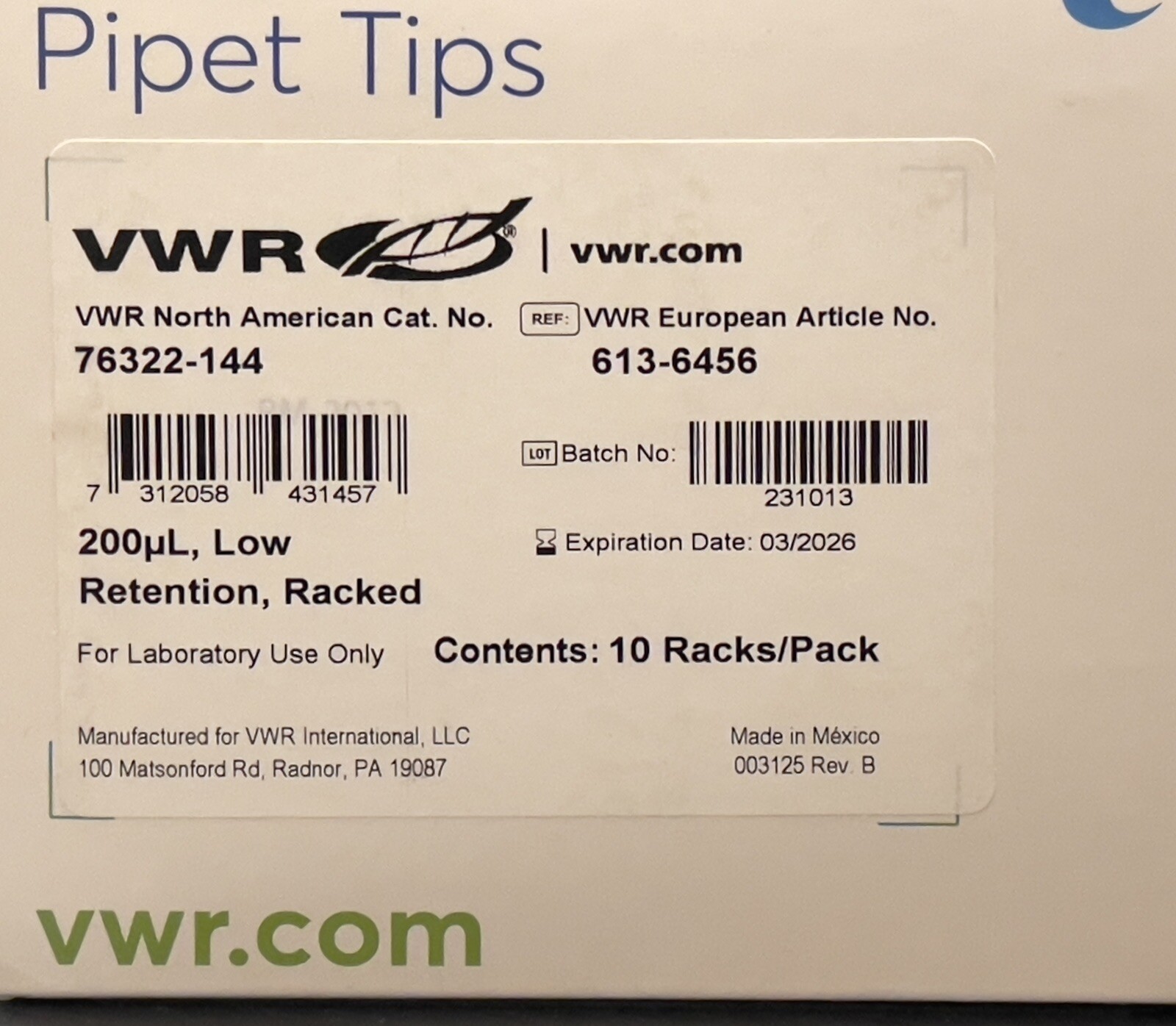 VWR 76322-144 Universal 200µl Pipet Tips Low Retention 10 Racks/Pack Exp 03/2026