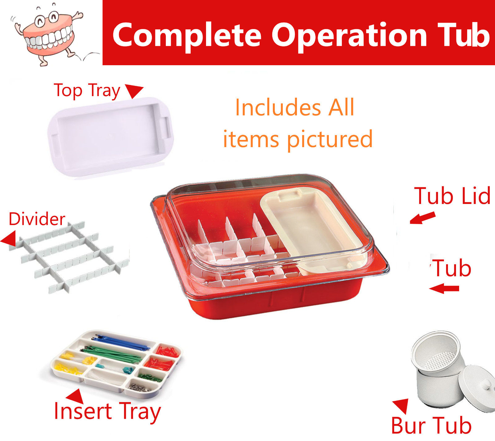 Dental Procedure Tub Insert Tray Mini Tray Divider Tub Cover – Complete Set -Red